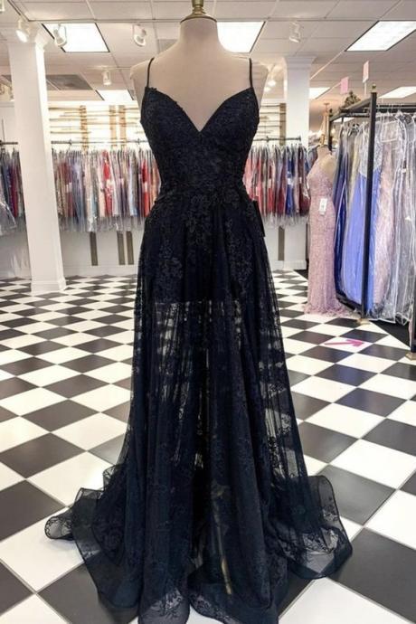 A Line V Neck Long Black Lace Prom Dress, Black Lace Formal Graduation Evening Dress
