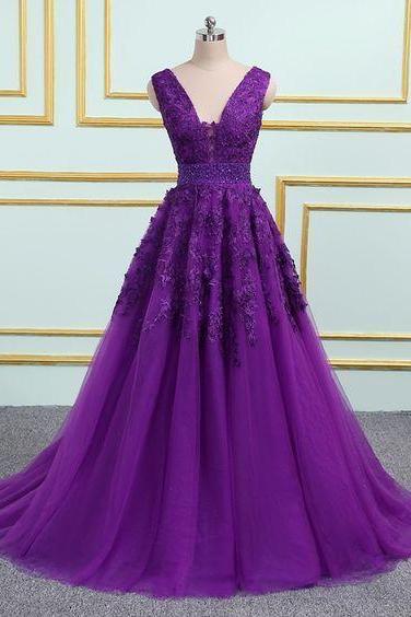 V Neck Purple Tulle Lace Prom Dress