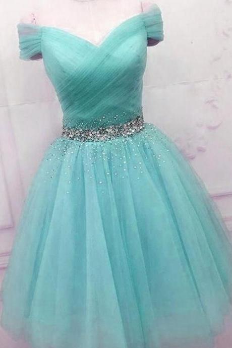 Off Shoulder Blue Tulle Cute Blue Homecoming Dresses