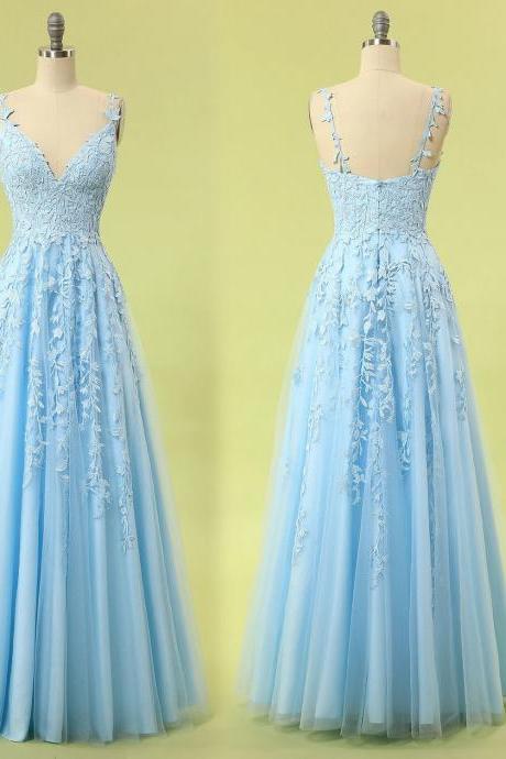 Light Blue Tulle And Lace A-line Long Prom Dress
