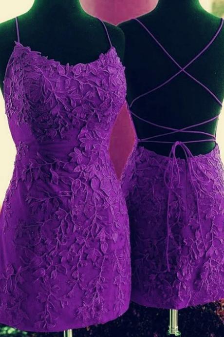 purple Tie Back Appliqued Sheath Homecoming Dress