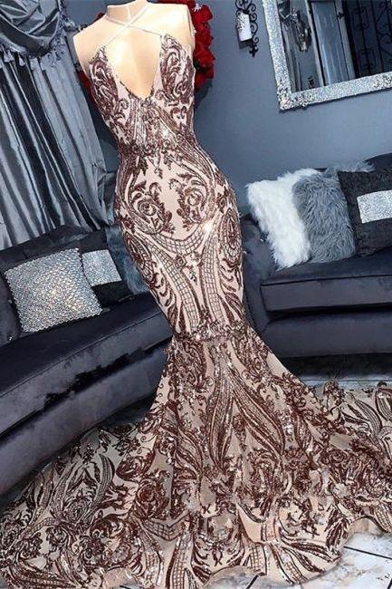 Halter Lace Mermaid Prom Dresses | Sleeveless V Neck Sequined Evening Dresses