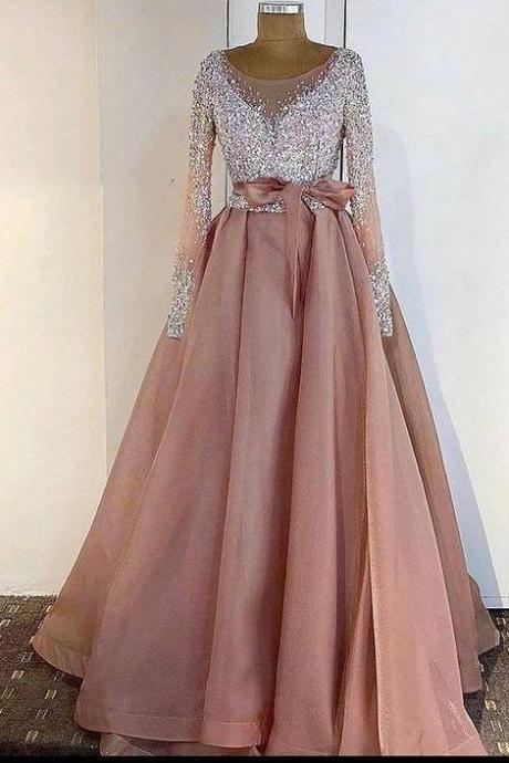 Sequines Prom Dresses Sheer Neck Long Sleeves Evening Party Second Reception Gowns