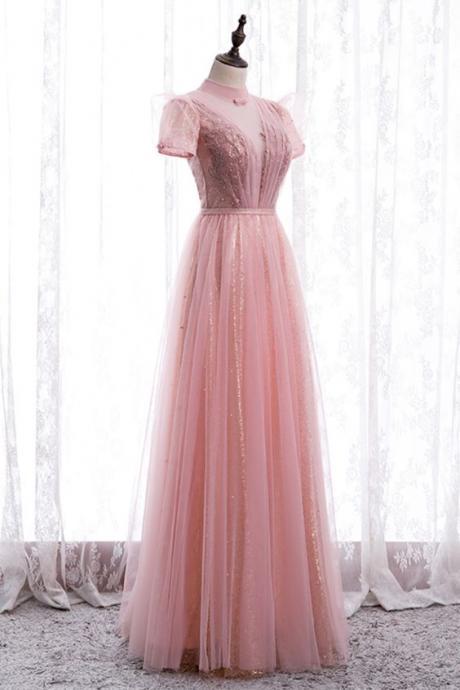 Princess High Neck Pink Long Party Dress
