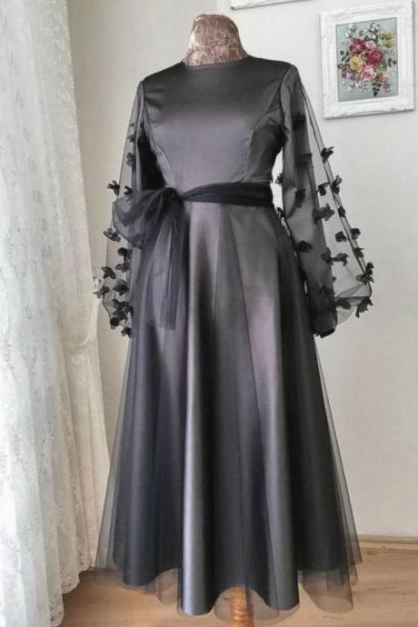 Elegant Grey Long-sleeved Gown Dress, Petal-trimmed Gown Dress, Knee-length Round Neck Gown Dress, Dark Grey Belted Party Dress