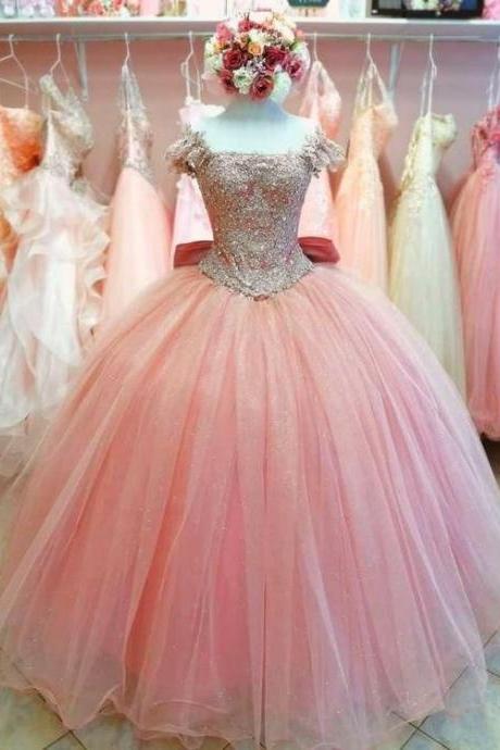 Pink Tulle Beads Long Prom Dress Off Shoulder Evening Dress
