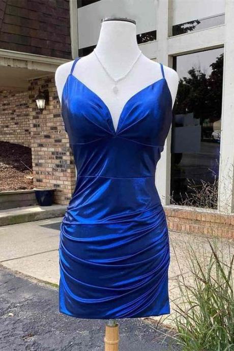 Royal Blue Pleated Tight Homecoming Dress