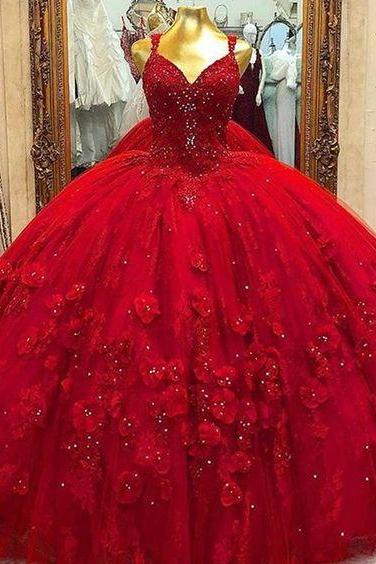 Red Quinceanera Ball Gown Dress 3d Flowrs Sweet 16 Dress Long Puffy Party Dress