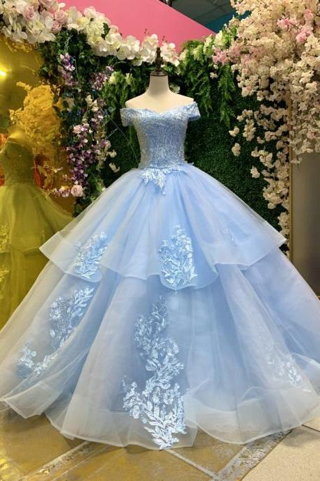 Light Blue Cinderella Princess Cut Off Shoulder Quinceanera Dress