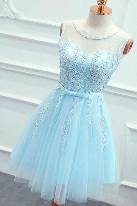 Cute Round Neck Lace Blue Short Prom Dress, Blue Tulle Formal Graduation Homecoming Dress