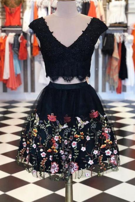 Black two pieces lace short prom dress, black homecoming dress