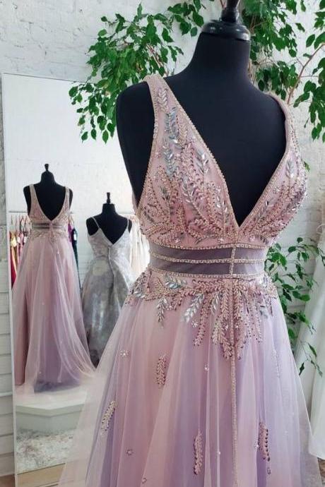Beaded Lilac Tulle Long Prom Dress Sexy Prom Dress
