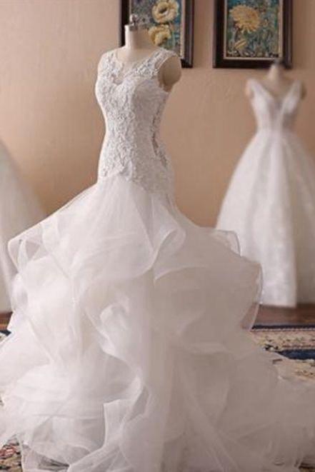 White Lace Ruffled Long Corset Bridal Prom Dress, Mermaid Wedding Dress