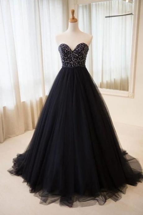 Sweetheart Neck Long Tulle Prom Dress Beaded Black Dress
