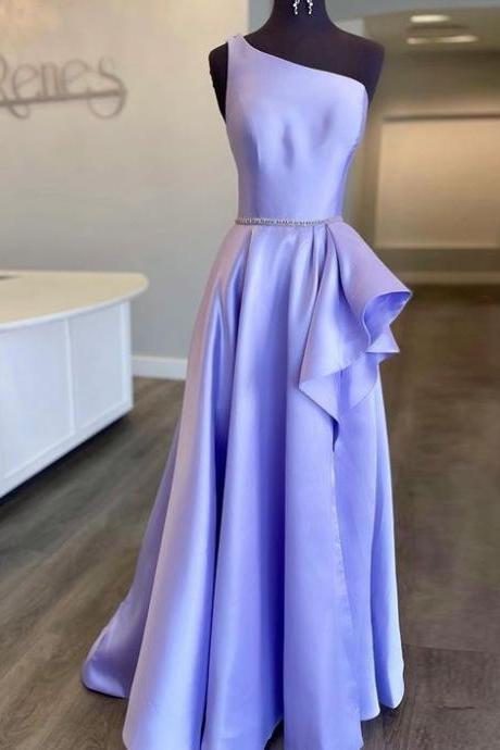One Shoulder Lavender Beading Satin Prom Dress With Side Slit