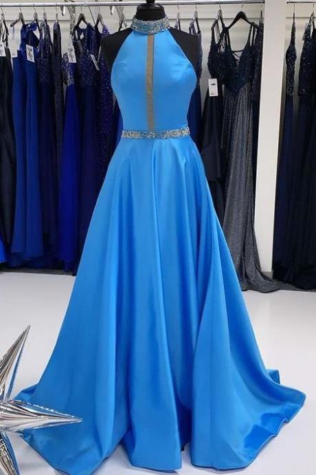 High Neck Beading Blue Satin A-line Prom Dress