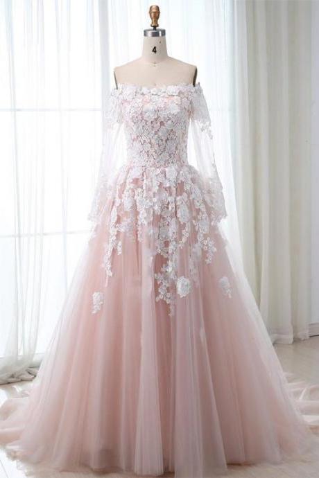 Pink Lace Tulle Long Sleeves Long Formal Dress, Pink Prom Dress