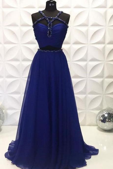 Navy Blue Two Piece Beading Ruched Chiffon Prom Dress