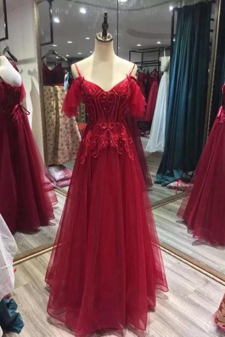 Charming Wine Red Straps Off Shoulder Party Gown, Pretty Formal Dresses