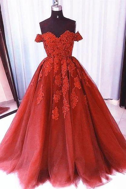 Dark Red Tulle Long Off Shoulder Beaded Lace Prom Dress, Red Sweet 16 Formal Dresses
