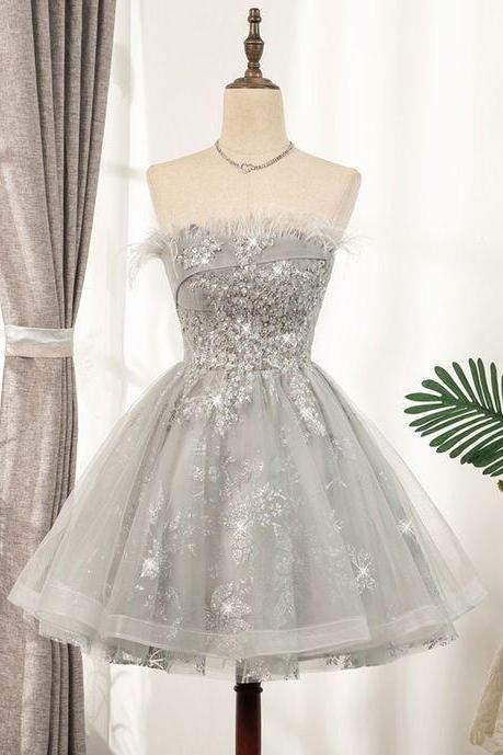  Gray Tulle Sequins Short Homecoming Dress