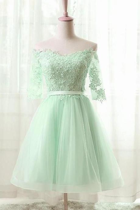 Mint Green 1/2 Sleeves Tulle with Lace Homecoming Dress, Short Prom Dress Graduation Dress
