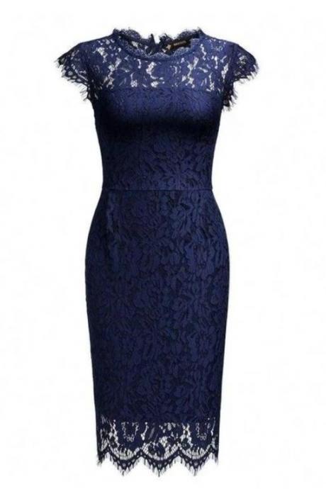 Fashion Lux Navy Blue Lace Short Evening Dress, Cap Sleeve Mother Dress