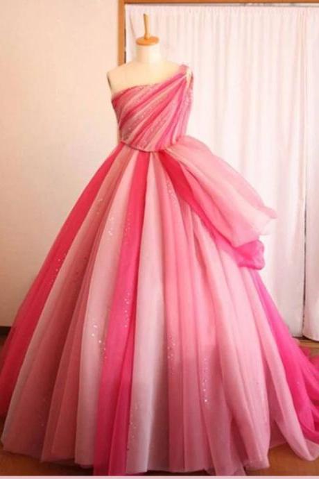 Chic A-line One Shoulder Ombre Prom Dresses Tulle Pink Long Prom Dress Evening Dress