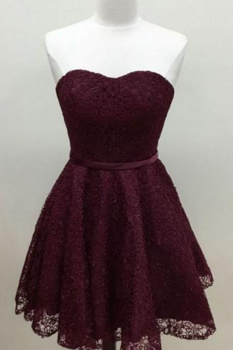 Sweetheart Burgundy Lace Homecoming Dress,Short Prom Dress With Sash,A Line Homecoming Dresses