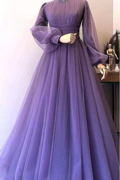 Simple Long Sleeve Purple Long Evening Prom Dresses