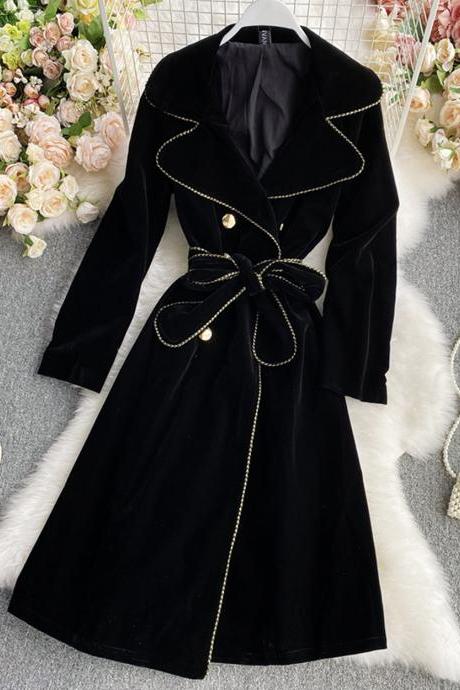 Stylish black velvet trench coat