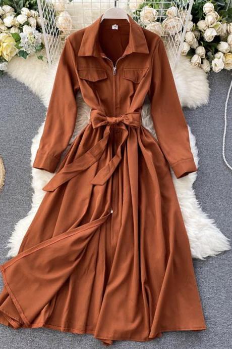 Stylish long-sleeved zipper windbreaker retro slim dress