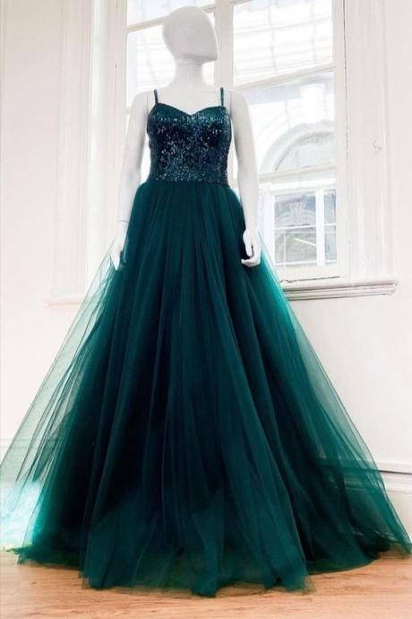 Elegant Straps Dark Green Long Formal Dress With Sequined Top