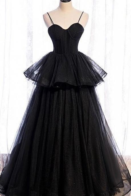 Elegant Spaghetti Straps Tulle Prom Dress ,black Prom Dress