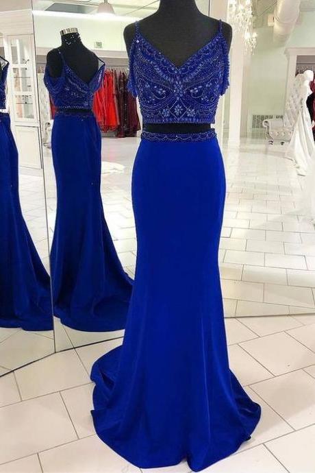 Two Piece Mermaid Beading Royal Blue Prom Dress