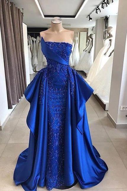 A Line Blue Satin Prom Dress Long Party Dress
