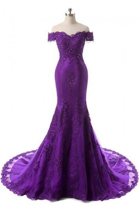Purple Long Prom Dress, Mermaid Lace Evening Dress