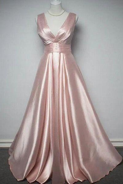 Charming Pink Satin V-neckline Long Prom Dress