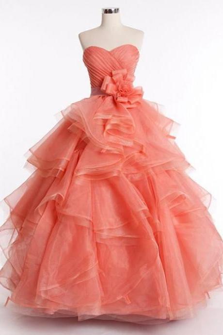 Strapless Orange Ball Gown Prom Dress With Tiered Ruffle Skirt