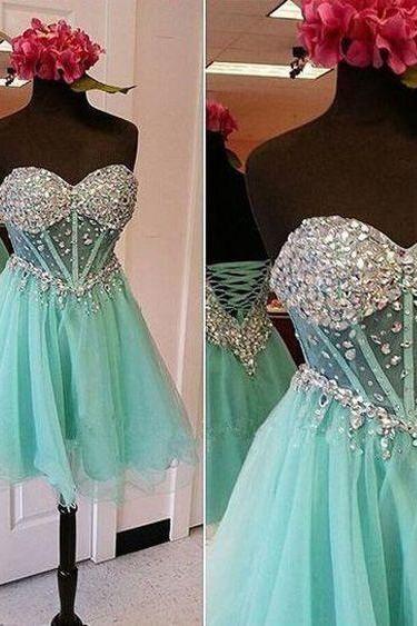Green Sweetheart Tulle Short Prom Dress, Crystal Homecoming Dress