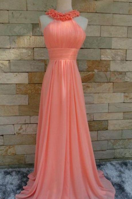 Coral Chiffon Halter Floral Long Bridesmaid Dresses, Lovely Prom Dresses