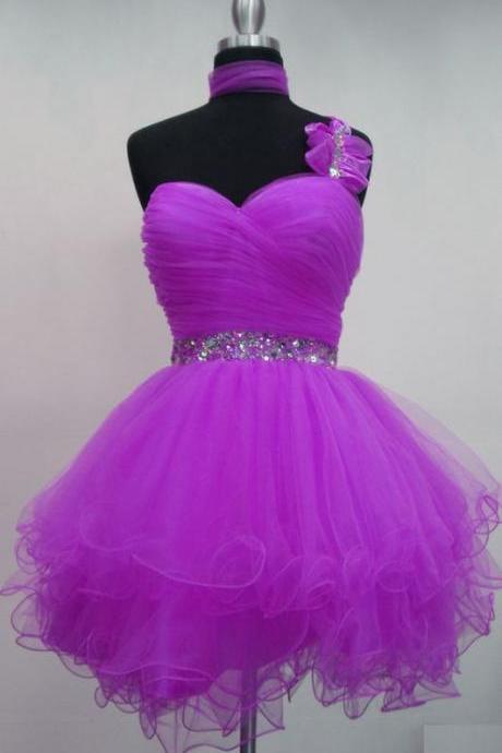 Lovely Purple Mini Tulle Ball Gown Homecoming Dresses With Beadings, Handmade Mini Purple Prom Dresses