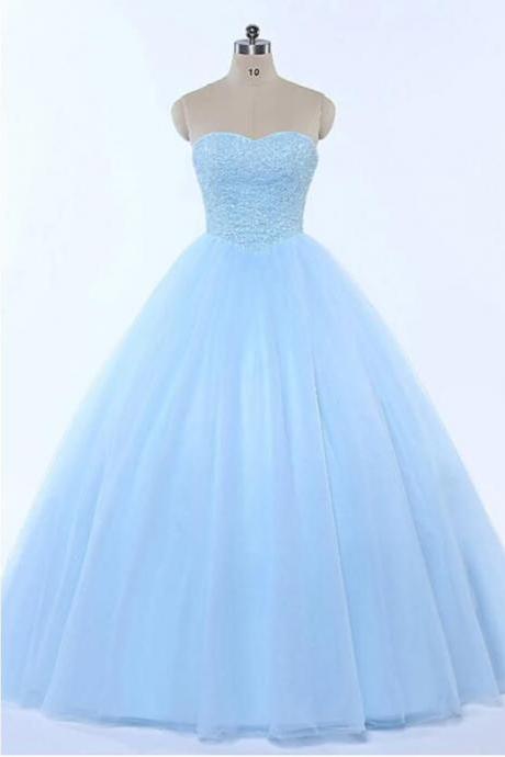 Sweetheart Baby Blue Tulle Long Crystal Strapless Ball Gown, Sweet 16 Prom Dress,custom Made Pricess Quinceanera Party Gowns