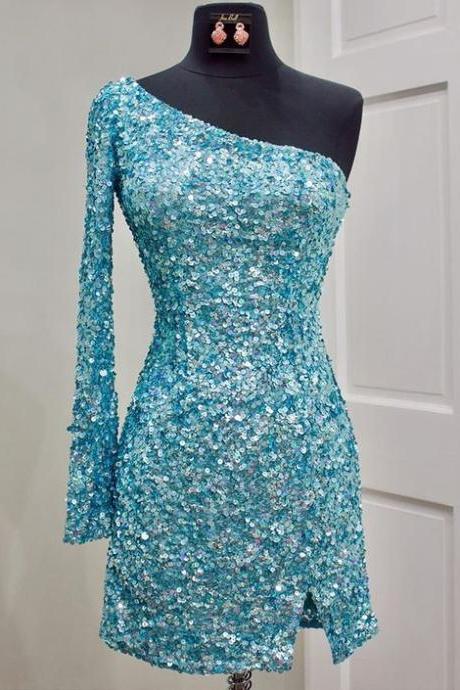 One Shoulder Gold Sequin Tight Homecoming Dress With Side Slit