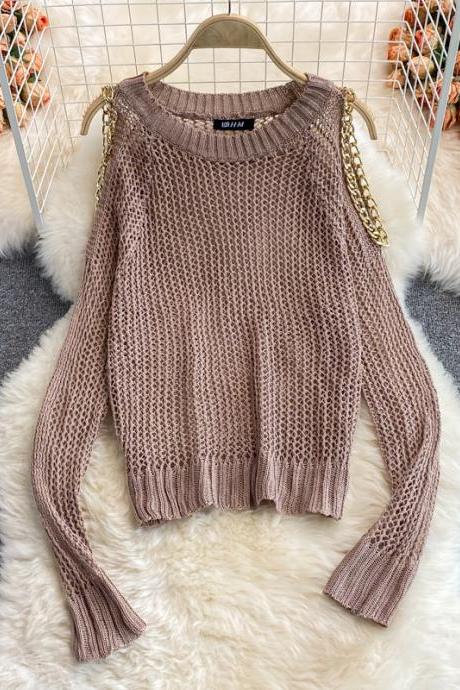 Cute cut-out long-sleeved sweater off shoulder sweater