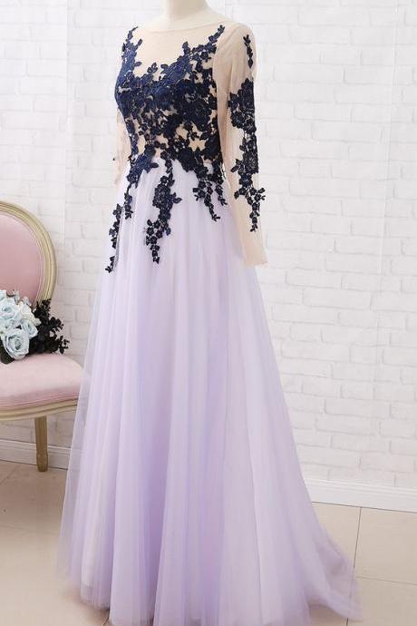 Long Sleeves Lace Tulle Dark Navy Maxi Prom Dress Formal Evening Gown