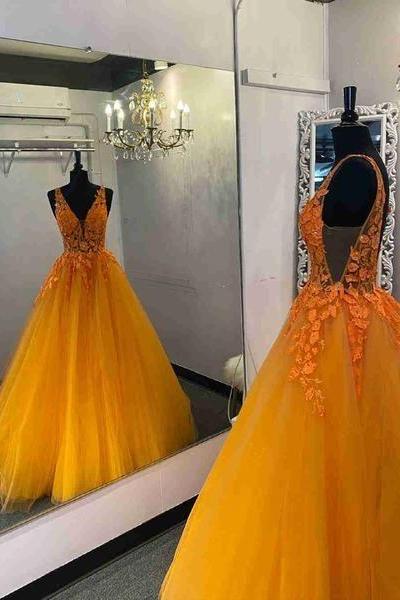 V Neck And V Back Orange Lace Long Prom Dresses, Orange Lace Formal Evening Dresses