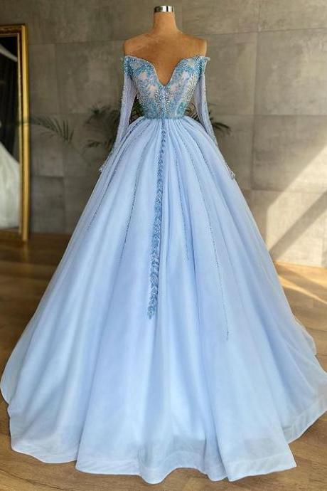 Blue Long Prom Dress With Long Sleeves