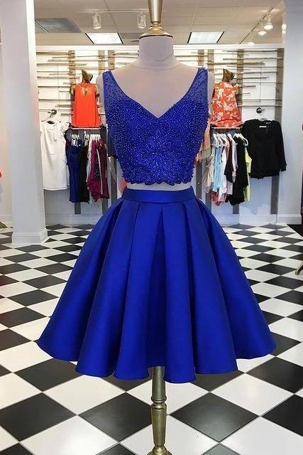 Two Pieces With Beading Top, Royal Blue Homecoming Dress,dance Dresses