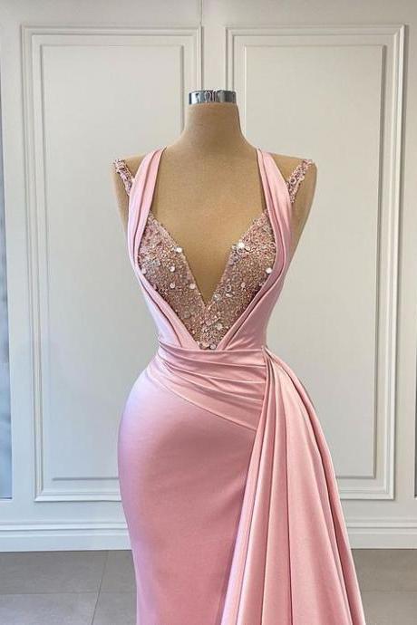Pink Mermaid V-neck Sexy Evening Gown Prom Dress
